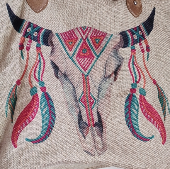 Montana West Burlap Tan Tote Bag with Tribal Design - Picture 3 of 16